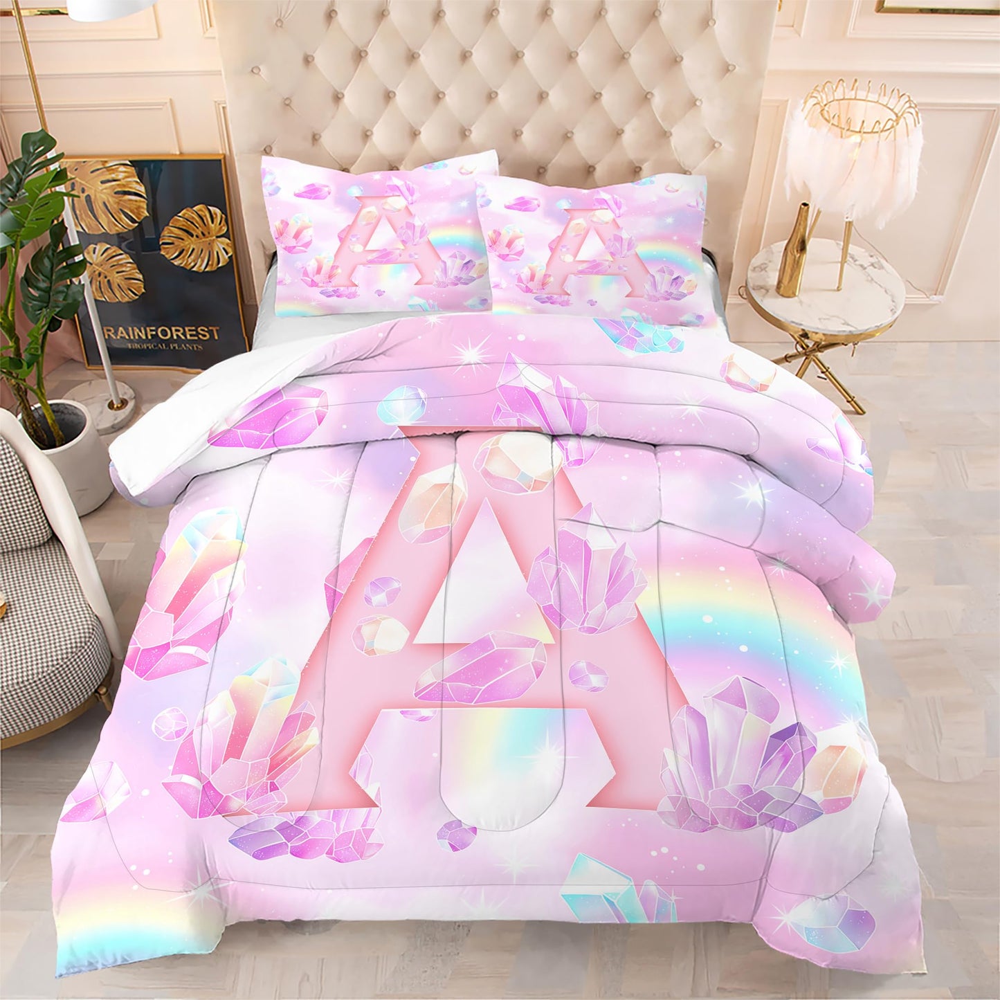 VTKON Pink Crystal Comforter Set for Kids Girls Full Size 3 Piece Initial Letter A Bedding Set Glitter Rainbow Alphabet Bed Sets Sparkle Gemstone Bedroom Decor with 2 Pillow Cases