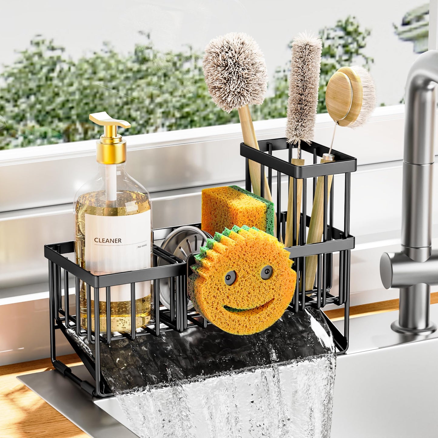 Cisily Kitchen Sink Caddy Organzier with High Brush Holder, Sponge Holder for Sink, 304 Rustproof Stainless, Kitchen Countertop Soap Dispenser Organizer, Kitchen Decor and Accessories
