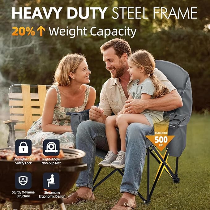 Oversized Camping Chairs for Adults - Heavy Duty Padded Outdoor Folding Lawn XL Camp Chair with Cup Holder Cooler Pockets for Outside Sports Beach Fishing Garden Portable Supports 500lbs, Grey