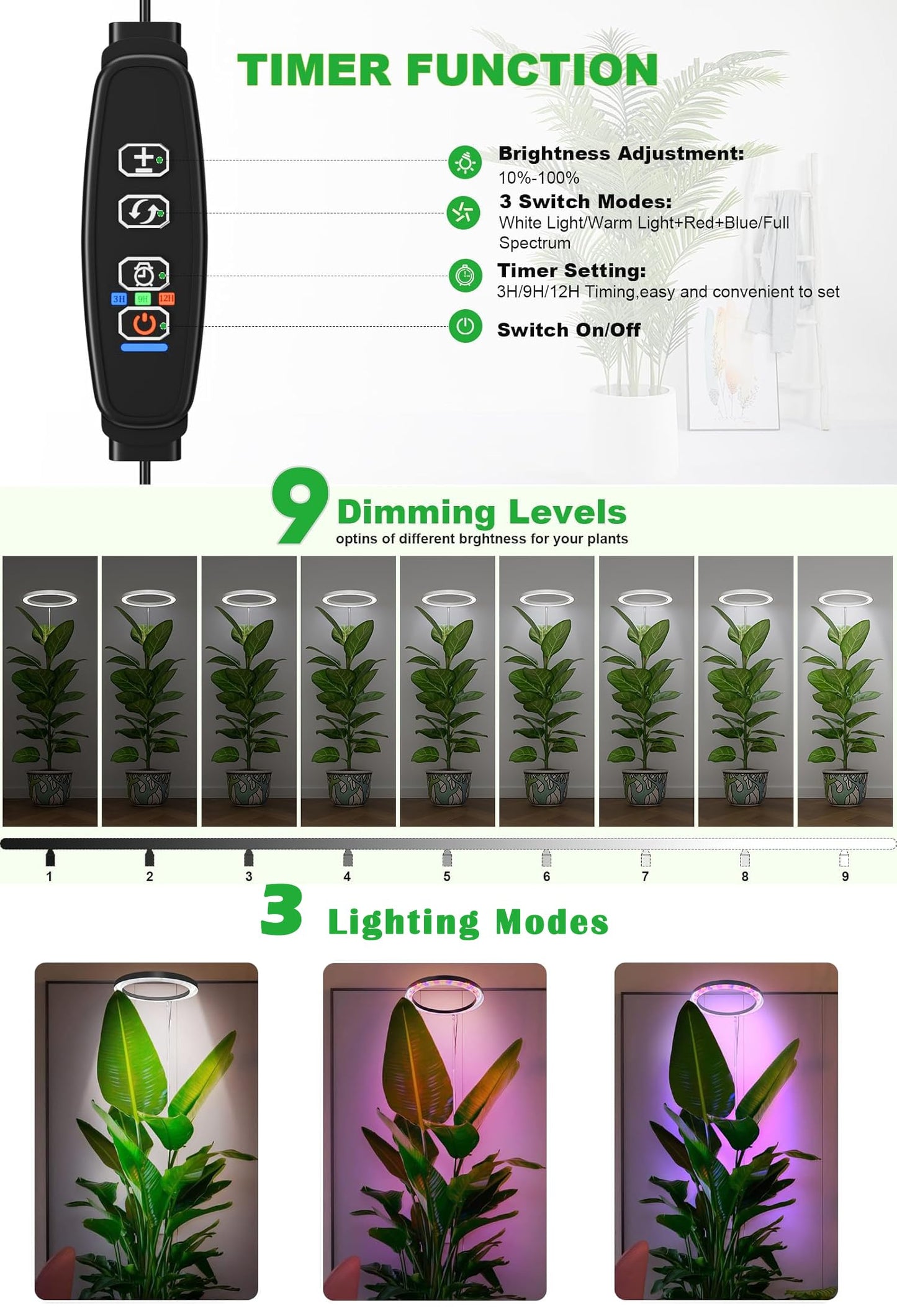 10" Grow Lights for Large Indoor Plants, Full Spectrum Indoor Plant Light for Indoor Growing with Timer,Height Adjustable Auto On/Off 3/9/12H, 9 Brightness,Led Tall Halo Grow Light for House Plants