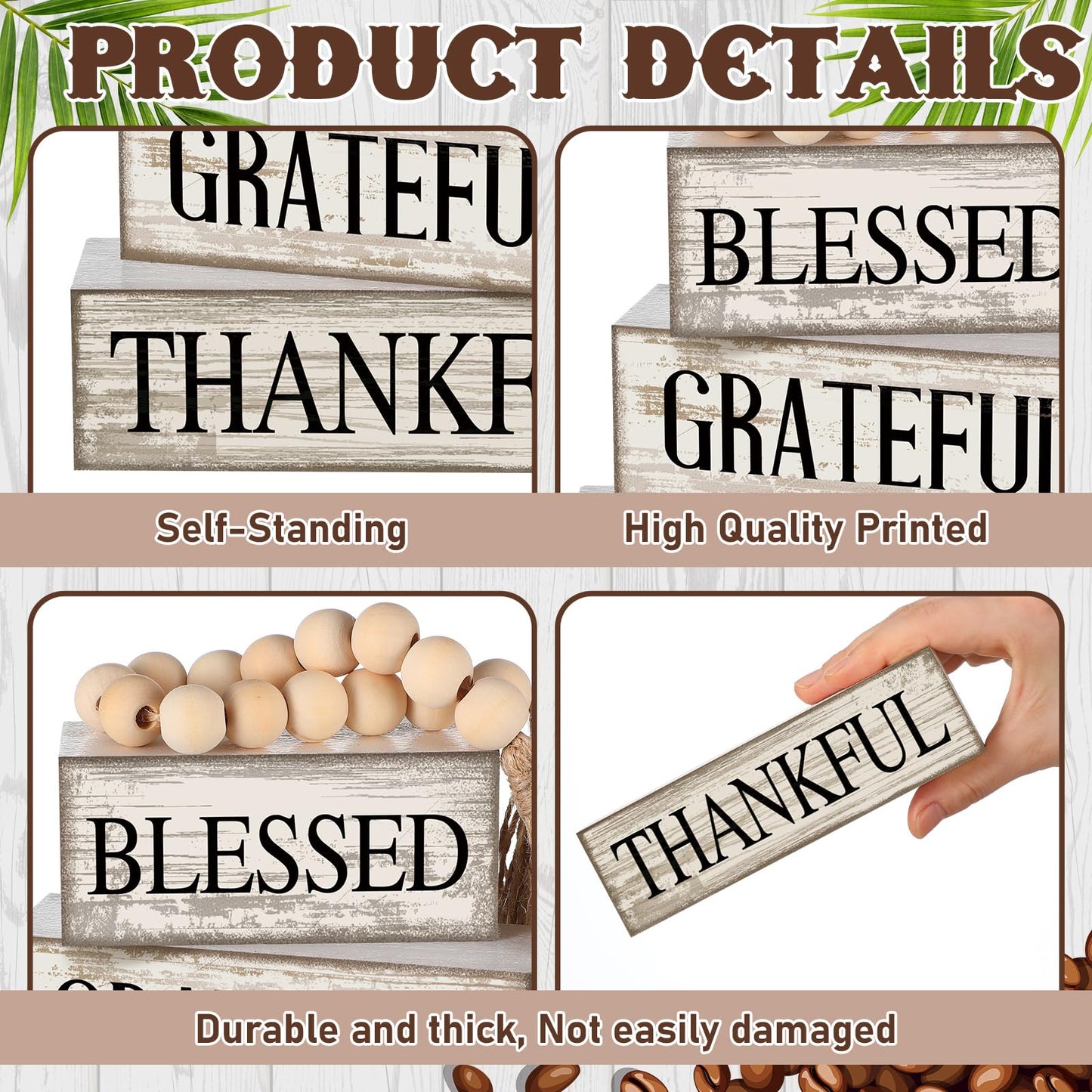 4 Pcs Farmhouse Wooden Tabletop Decor Neutral Farmhouse Tiered Tray Decor Rustic Retro Wood Bead Garland Blessed Grateful Thankful Block Sign Centerpiece for Coffee Home Office Shelf Mantle Table