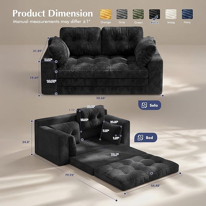 Homkdom Convertible Loveseat Sleeper, Space-Saving Folding Sofa Bed