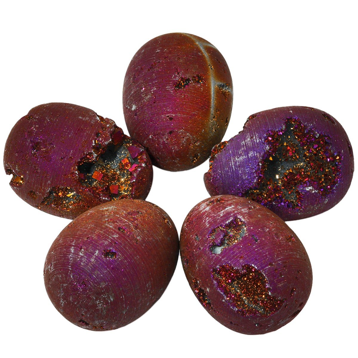 mookaitedecor Druzy Agate Geode Specimen, Purple Titanium Coated Quartz Crystal Egg Figurines with Wood Stand