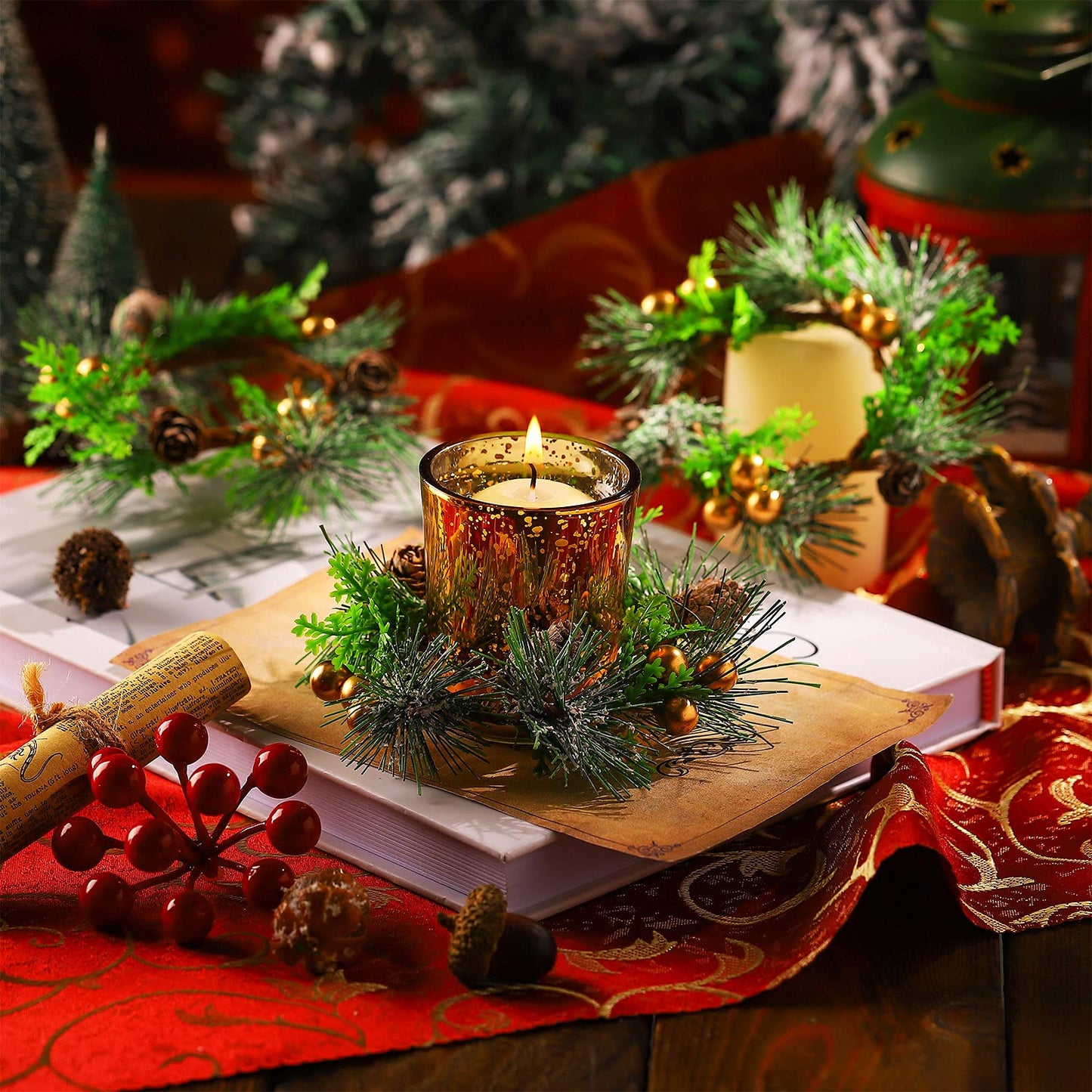 6 Pcs Christmas Candle Ring 4.7 Inch Mini Christmas Wreaths for Home Cabinets Artificial Berry Candle Rings with Pine Cones Small Wreaths for Home, Wedding, Christmas Holiday Table Decoration