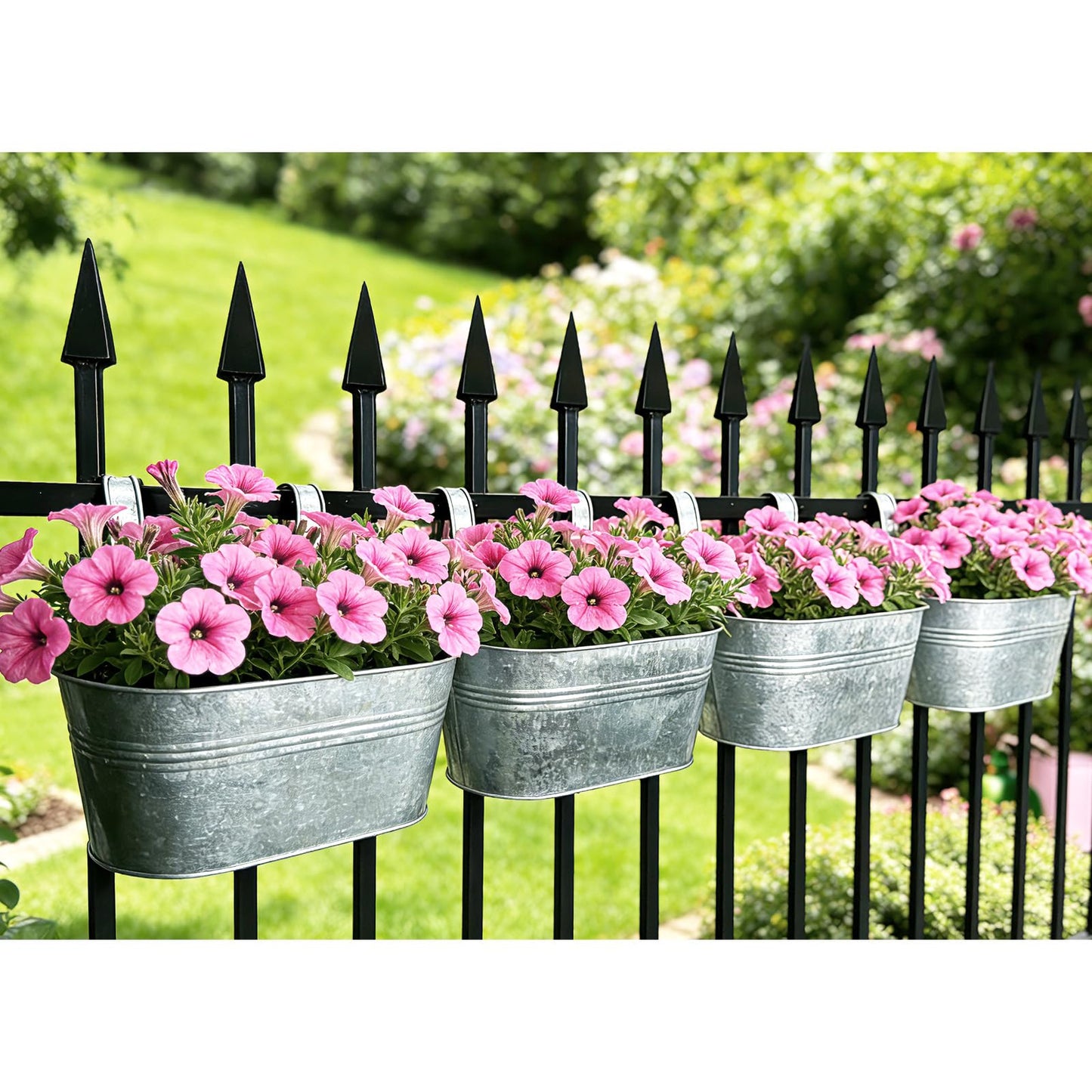 Joyfernal Balcony Galvanized Hanging Planters Railing Flower Pots, Outdoor Metal Fence Planter Pot with Detachable Hooks Drain Hole for Garden Patio Yard Decor (12 Inch, 6Pcs)