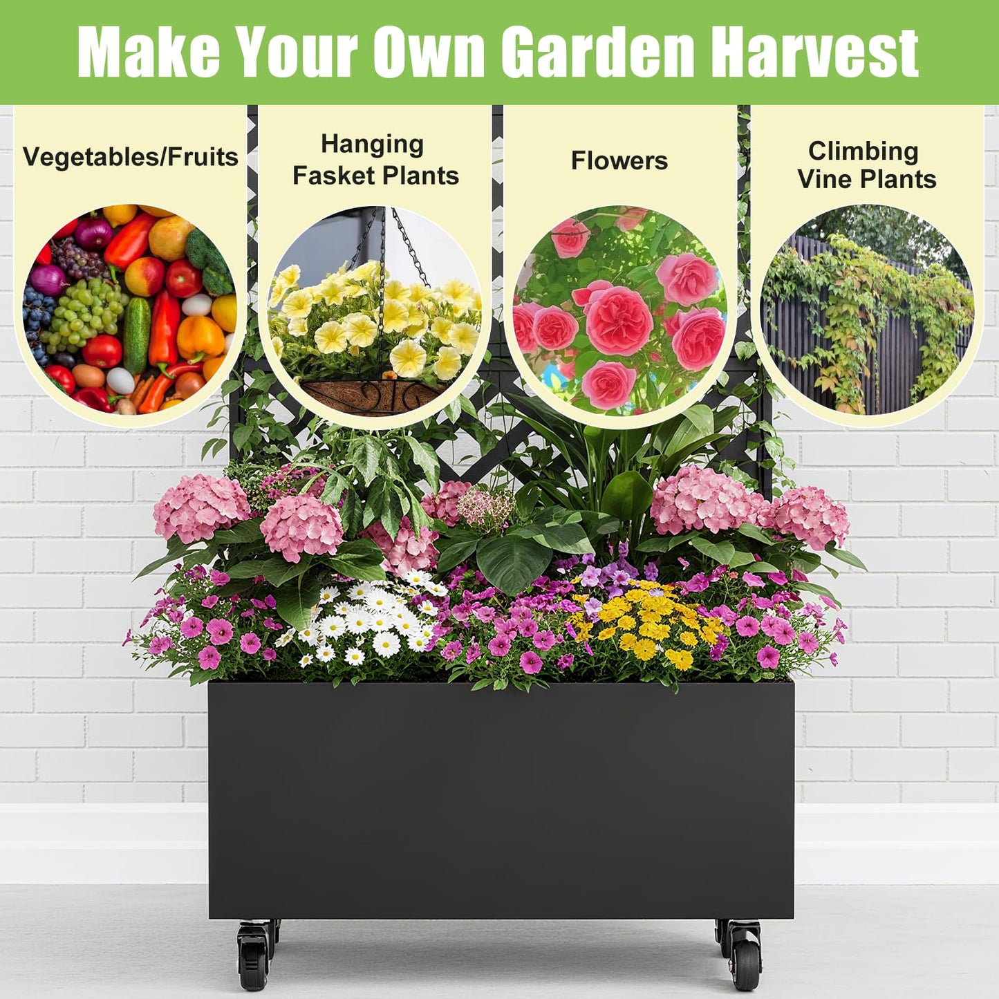 Luzfuego 72" Metal Planter Box with Trellis, Tall Outdoor Planter Box, Raised Garden Bed on Wheels for Climbing Plants, Outdoor Flower Planter with Drainage & Lockable Casters