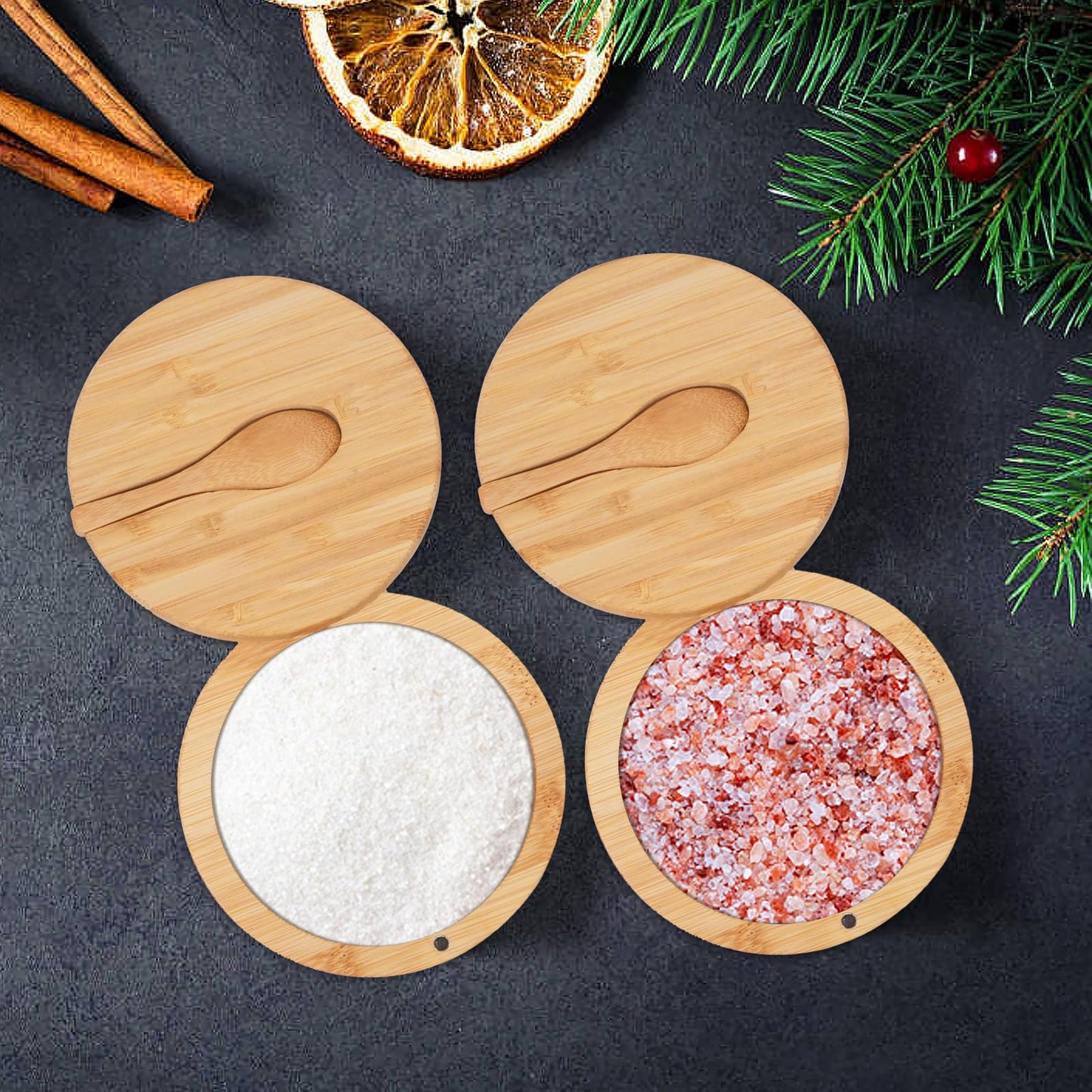 FHUIEWRY 3Pcs Bamboo Salt Cellar, Salt Box Bowl with Magnetic Swivel Lid & Spoon, Round Salt Container Holder Spice Box with Label Stickers to Storage Pepper Spice Sea Herbs Sugar for Countertop,6 OZ