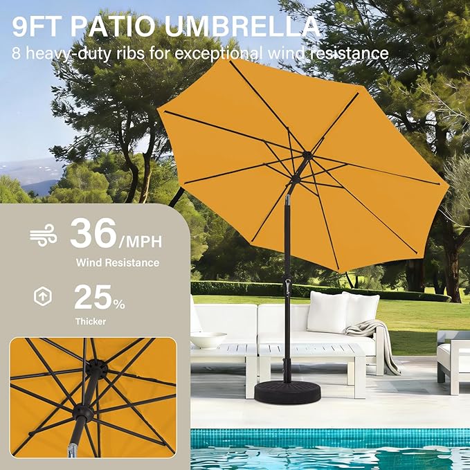 MEWAY 9ft Patio Umbrella Outdoor Table Umbrellas with Push Button Tilt and Crank, Market Umbrella 8 Sturdy Ribs for Deck, Garden, Pool and Backyard, Sun Orange