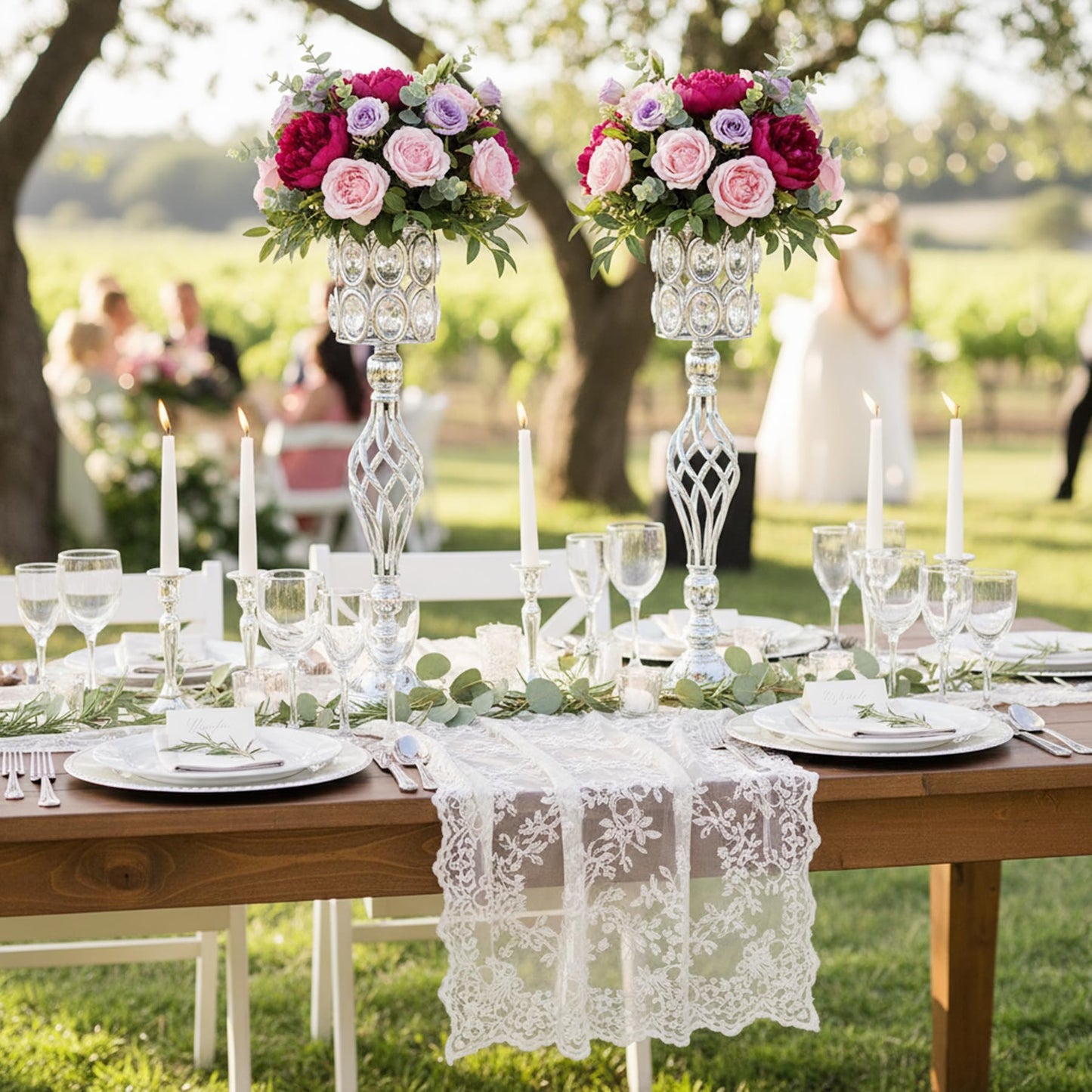 Crystal Wedding Centerpiece Vases for Tables - Set of 2 Metal Silver Vases, 24in Tall Versatile Flower Holders, Elegant Flower Stands for Centerpieces Wedding Party Reception Christmas Home Decor