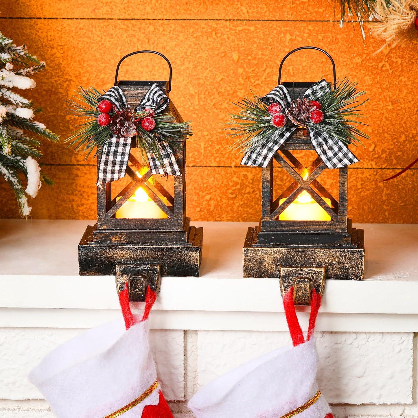 Therwen 2 Pcs Christmas Stocking Holders Lantern Christmas Stocking Hangers for Mantel Xmas Hooks Decorative Retro Light up Holders for Home Indoor Outdoor Decor(Classic,Bronze)