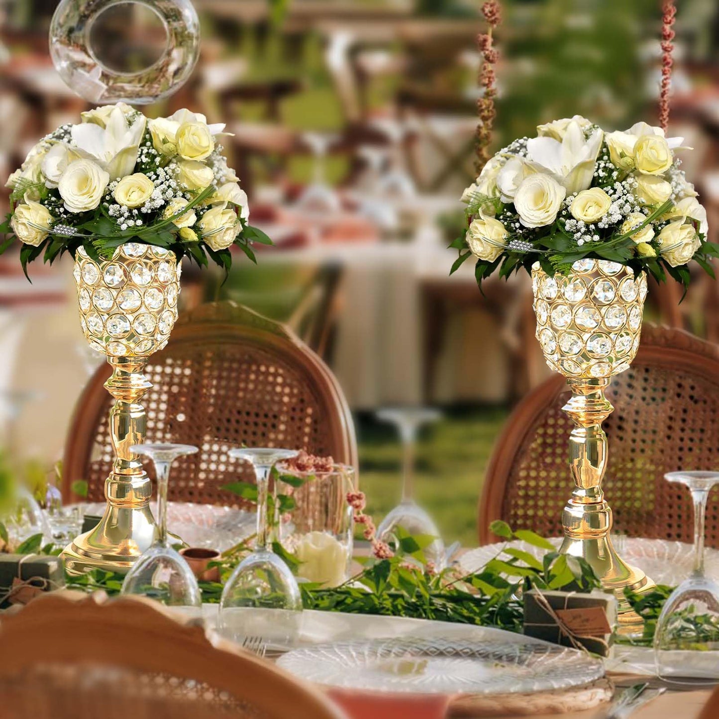 Kehail 6pcs Elegant Crystal Trumpet Metal Centerpiece Vases, Wedding Table Decoration Flower Stand Tulip Shape Decor Artificial Flower Arrangement Vase for Wedding Restaurant Vase Home Decor (Gold)