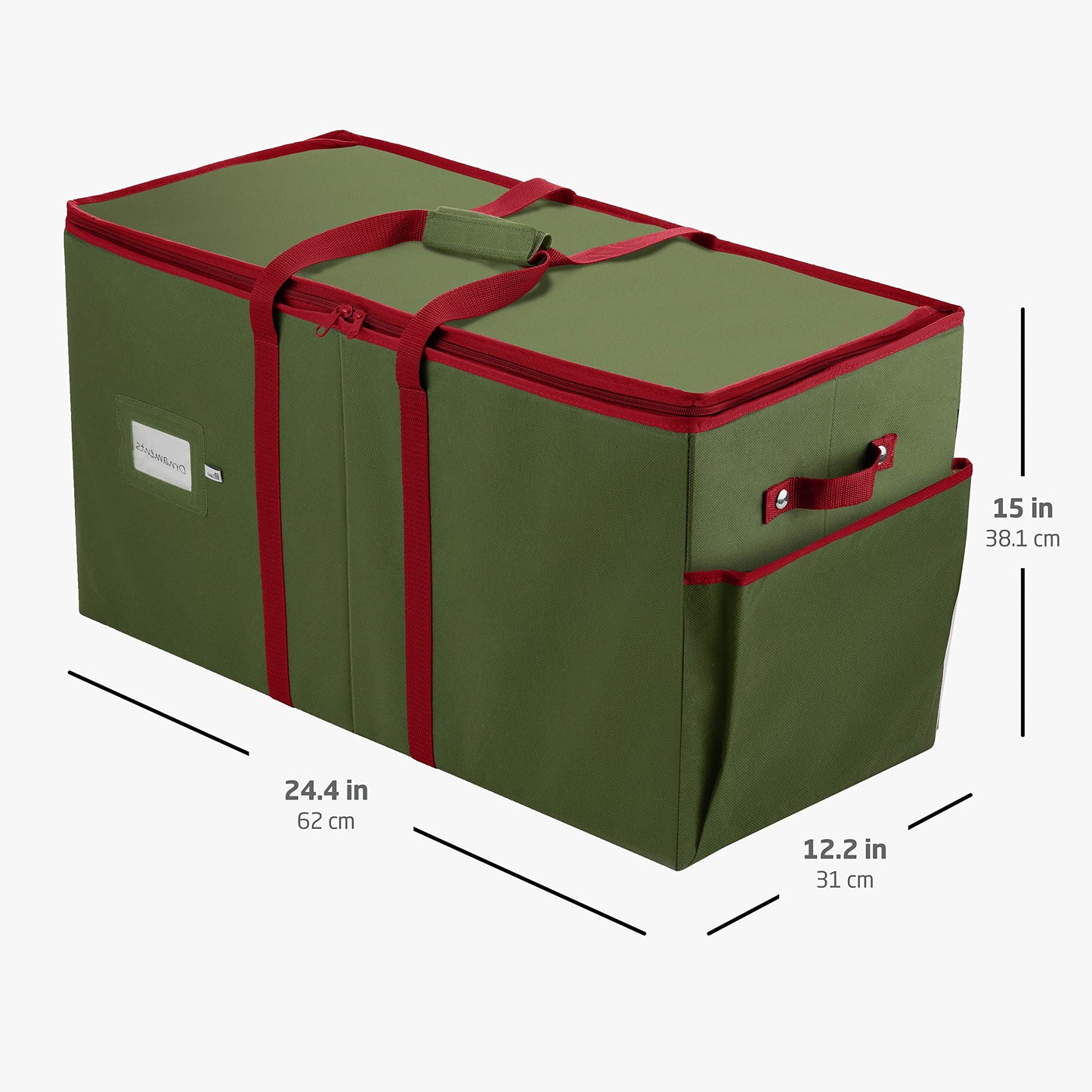 ZOBER Large Christmas Ornament Storage Box - Stores 80 3" Ornaments, With Dividers - With Large Compartment for Figurines, and Accessories, Durable Christmas Containers Holder, 4 Extra Pockets - Green