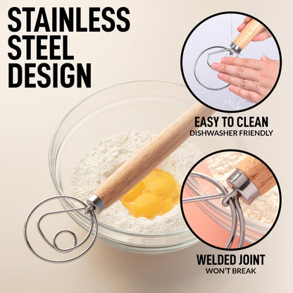 Zulay Kitchen 13-Inch Danish Dough Whisk - Wooden Danish Whisk for Dough with Stainless Steel Dough Hook - Traditional Dutch Whisk - Bread Whisk for Sourdough, Pizza, Pastry, Cake Batter