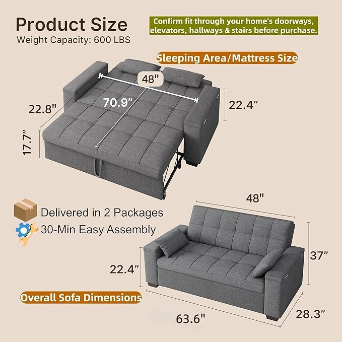 Gizoon 3 in 1 Convertible Sofa Bed, 63.6'' Pull Out Couch