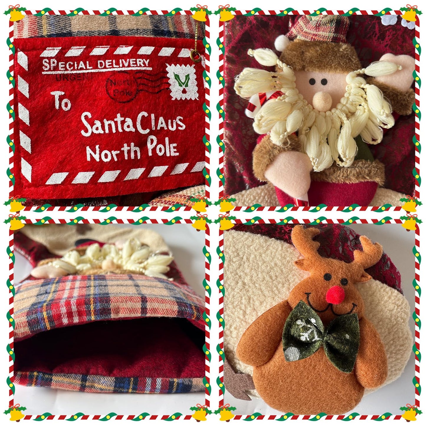 ETERAMUS 21 inch Plaid Christmas Stockings Santa Claus with Deer, Bear, Animal One Piece, Felt Large Plush 3D Reindeer Xmas Stocking for Girls Boys Tree Mantel Party Décor (Red Santa Claus)