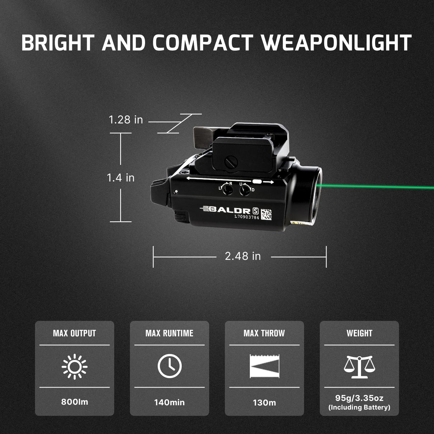 OLIGHT Baldr S 800 Lumens Compact Rail Mount Weaponlight with Green Beam and White LED Combo, Magnetic USB Rechargeable Tactical Flashlight with 1913 or GL Rail, Battery Included (Black)