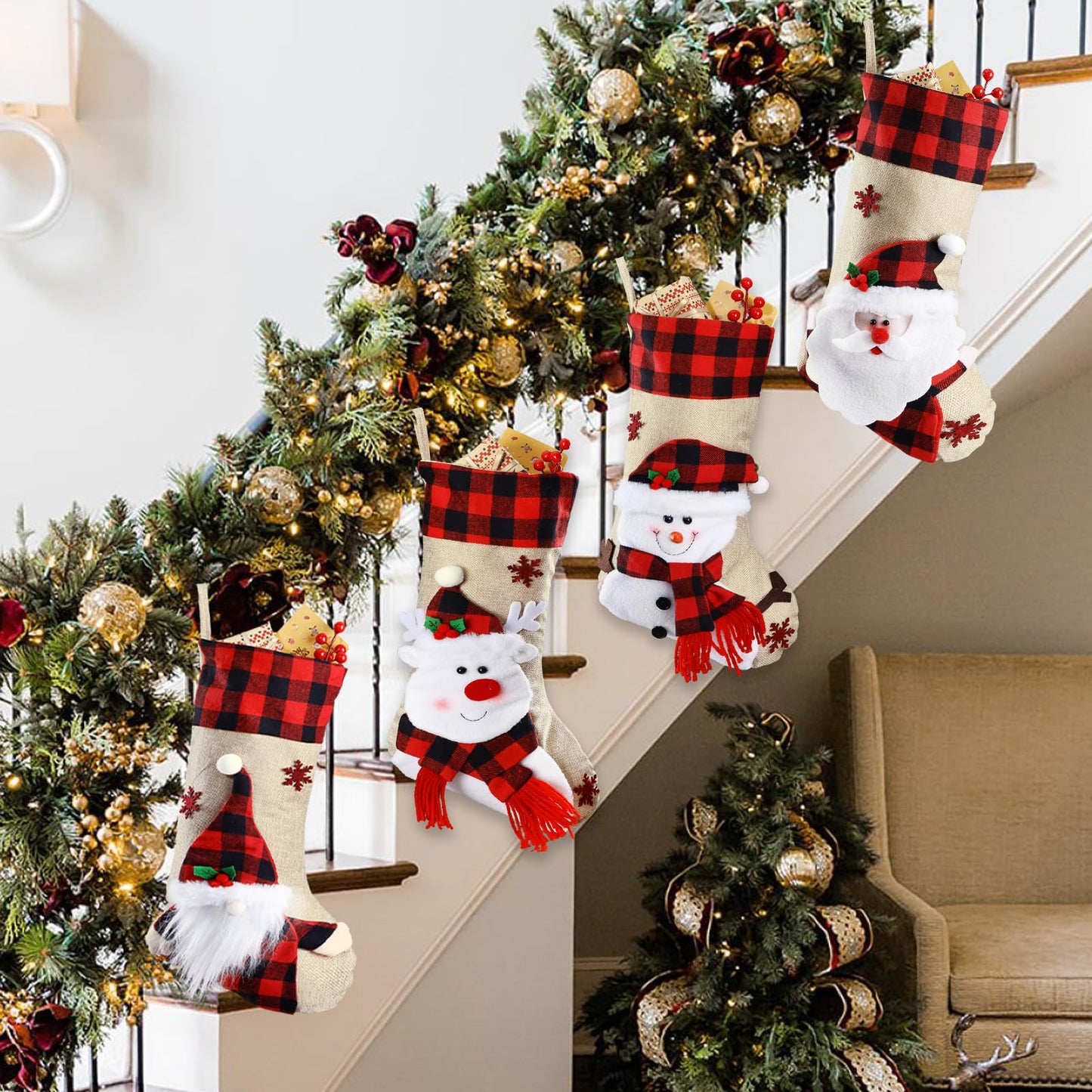 Bemaystar Christmas Stockings - 18.5" Burlap Plaid Christmas Stocking Xmas Hanging Stockings Holiday for Kids Christmas Tree Fireplace Family Party Decor - Snowman