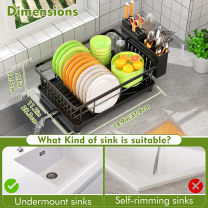 SavvyStor Dish Drainer Rack - Space Saving Dish Rack for Kitchen Counter, Kitchen Dish Drainer with Utensil Holder, Drain Board, Black