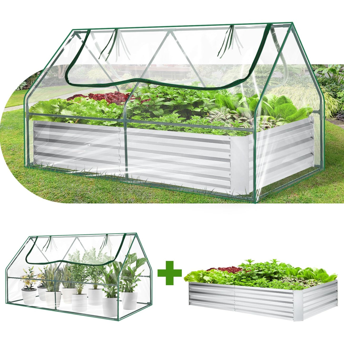 6x3x3ft Galvanized Raised Garden Bed with Cover, Extra-Thick Metal Planter Box Kit w/ 2 Roll-Up Large Screen Windows Mini Greenhouse &1 Pair of Gloves for Growing Vegetables Fruits Flower, Clear