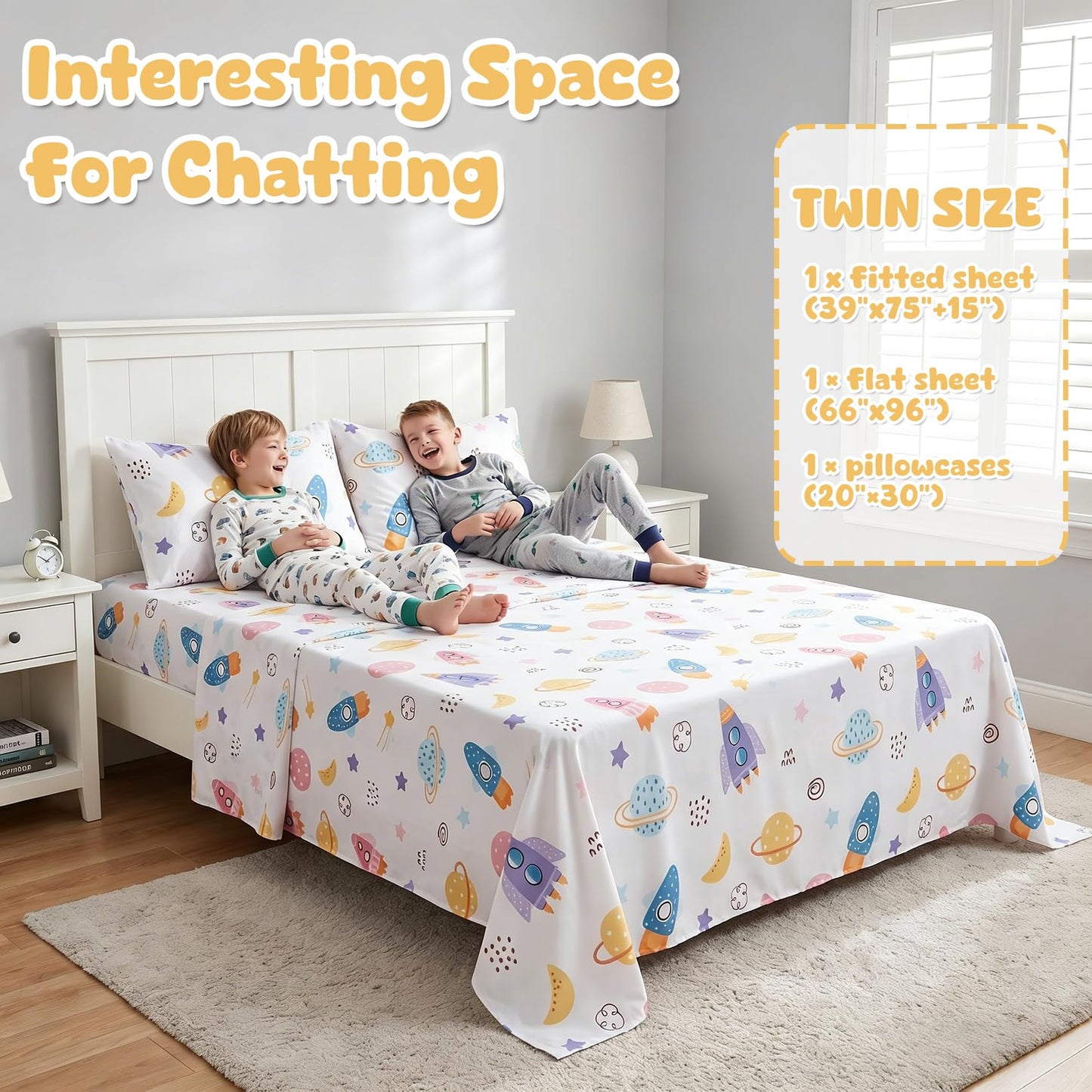 Ocharo Kids Outer Space Theme Sheet Set Twin Size,Soft Bed Sheets with Rocket Planet Printed - Fade Resistant Universe Bedding Sets 3 Pieces Breathable Deep Pocket Fitted Sheet for Boys Girls,Colorful