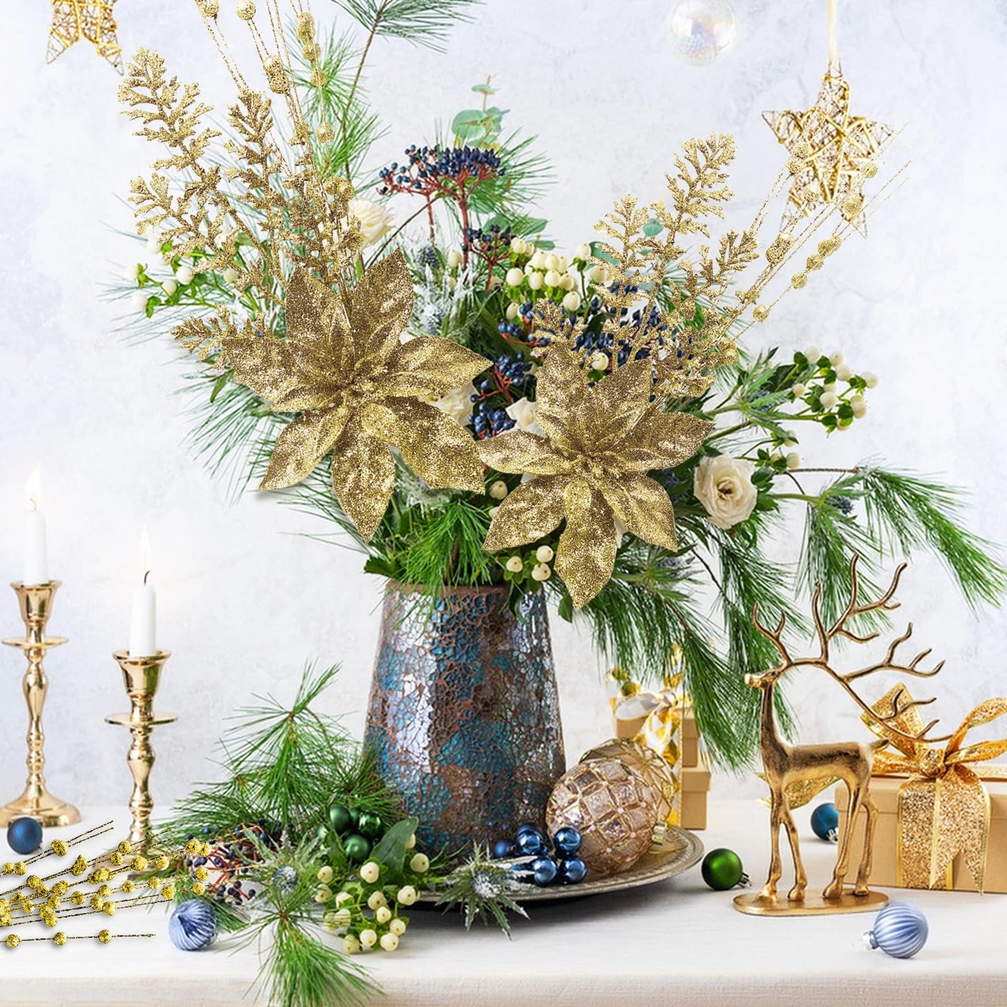 24 Pack Artificial Glitter Berry Stem Ornaments - 17.5 Inch Fake Christmas Picks Decorations with Poinsettia Flowers, Bead Sticks for DIY Christmas Tree, Wreath, Wedding & Small Vase Decor