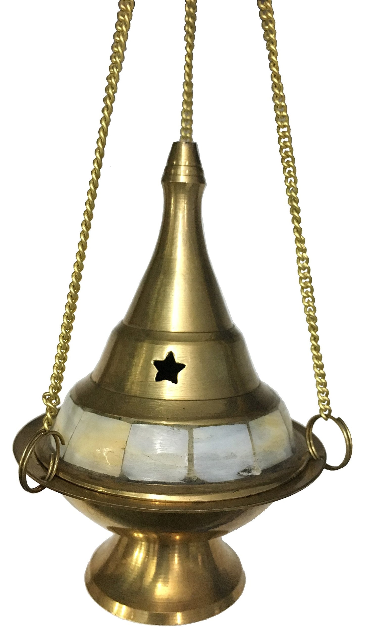 Vrinda® Brass Hanging Censer/Charcoal Incense Burner Studded with Pearl Stone | Traditional Aromatherapy Tool for Home and Meditation Spaces | Beautiful Hanging Design| 4'' High (Gold)
