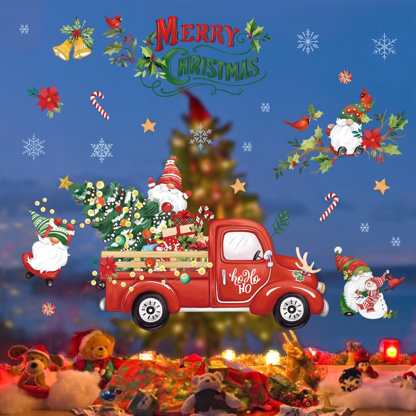 Wondever Red Truck Wall Stickers - Gnomes, Christmas Tree, Window Art Decals for Party, Xmas Home