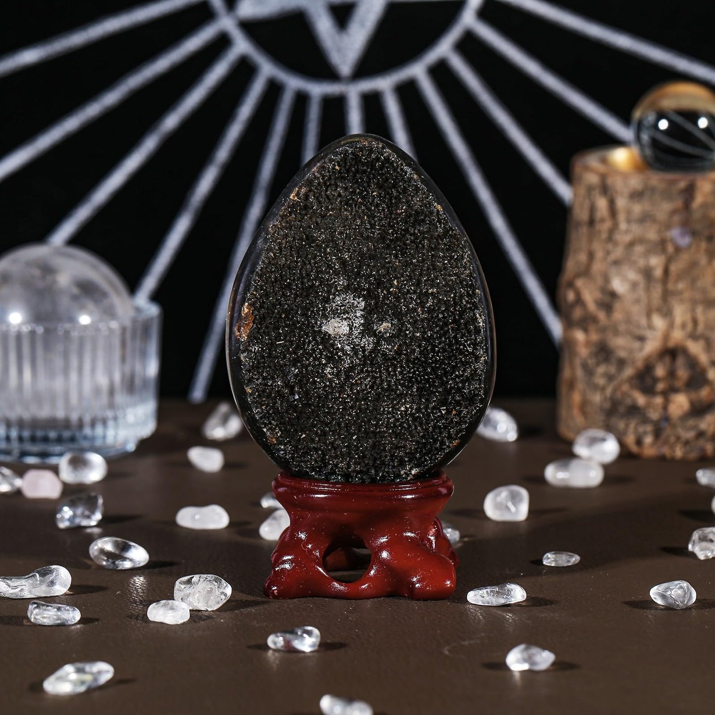 TUMBEELLUWA 75-95 mm Black Crystal Egg with Display Stand, Natural Septarian Dragon Stone Crystal Geode Cluster Gemstone Eggs Figurine Collectibles for Home Table Decor