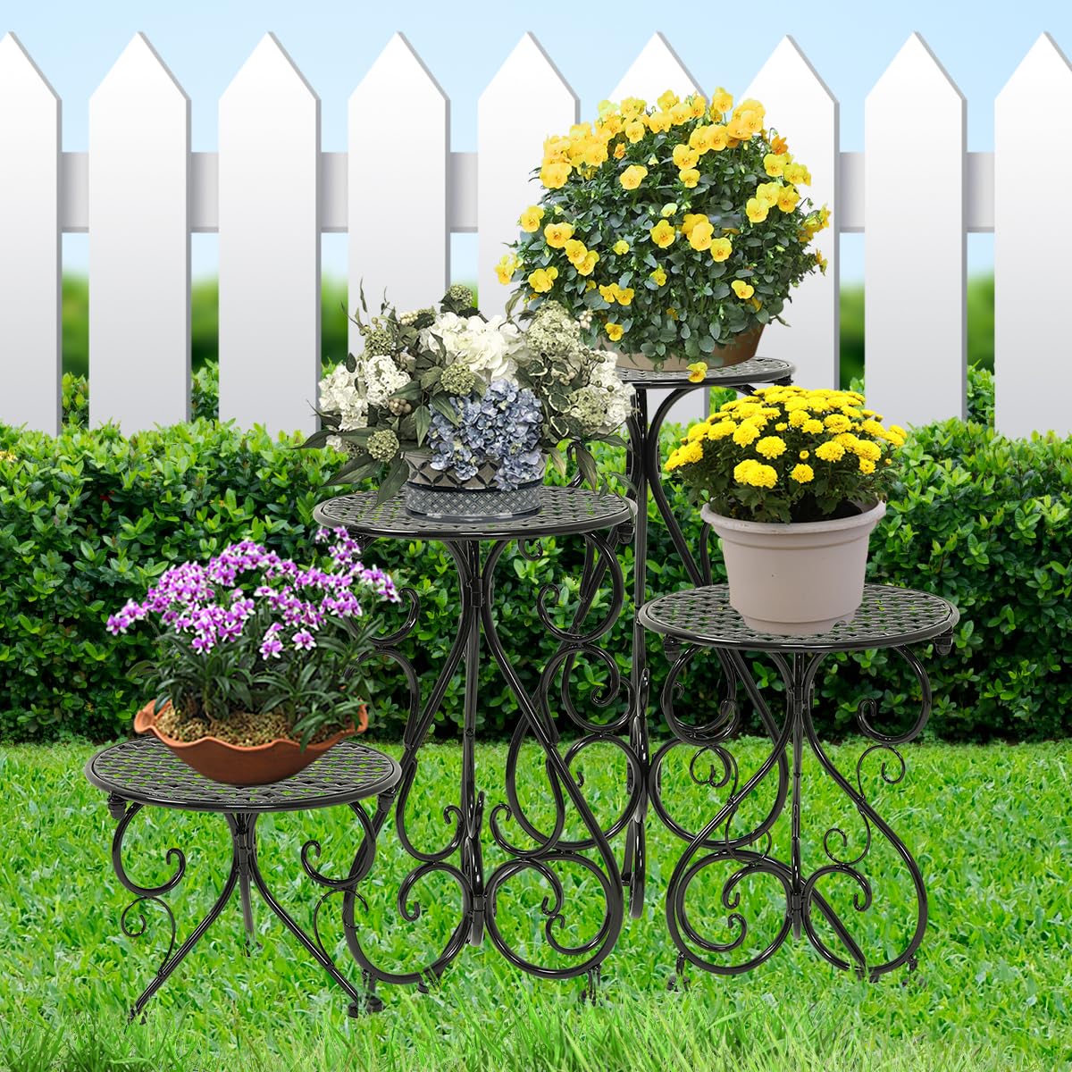 NAKUPE 4-Pack Metal Plant Stand for Indoor Outdoor, Heavy Duty Flower Pot Stands for Multiple Plants, Rustproof Iron Planter Holder Display Shelf for Patio Home Garden Porch Balcony(Black)