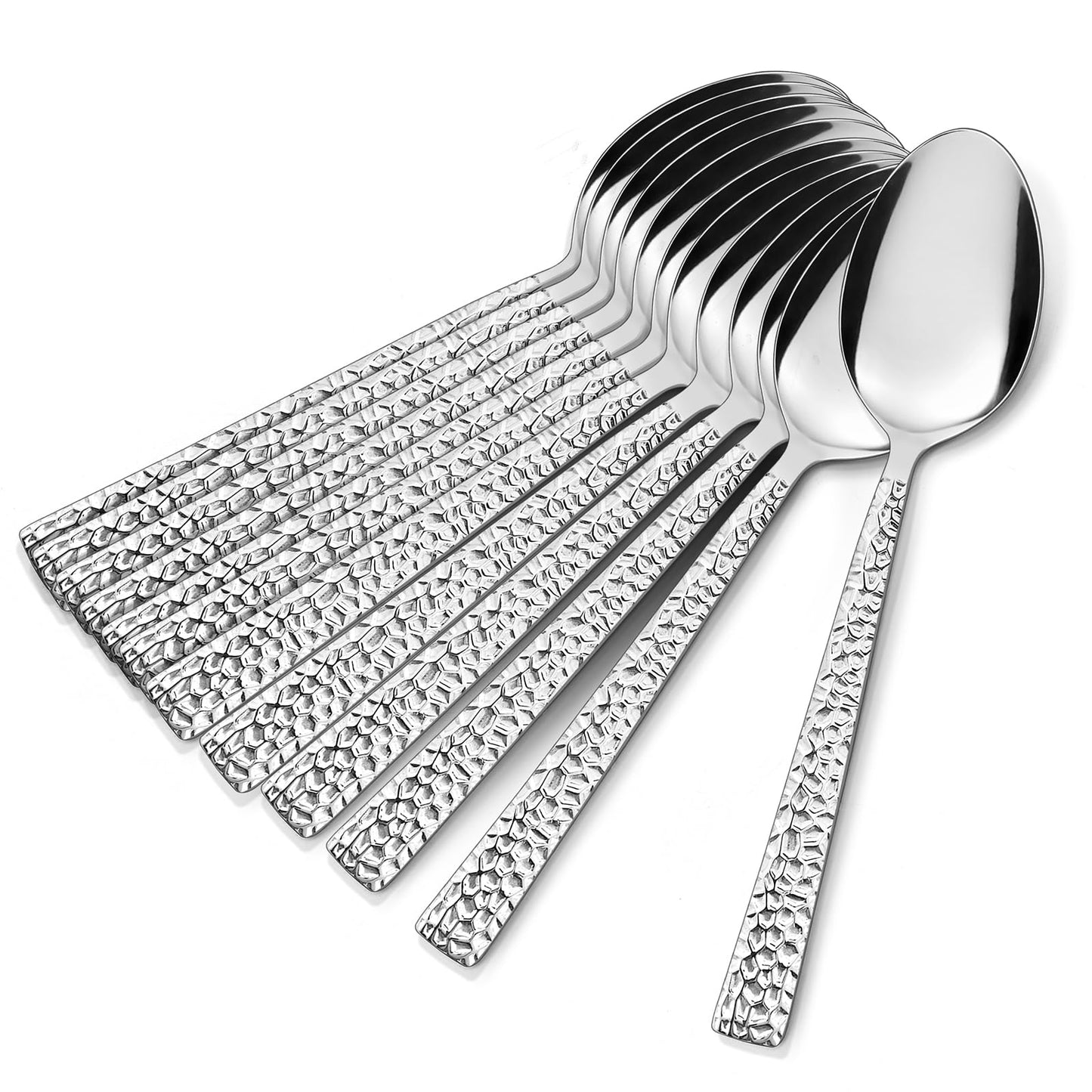E-far Hammered Dinner Spoons Set of 12, 7.9 Inch Stainless Steel Soup Spoons Tablespoons for Home, Kitchen or Restaurant, Non-toxic & Mirror Polished, Squared Edge & Dishwasher Safe