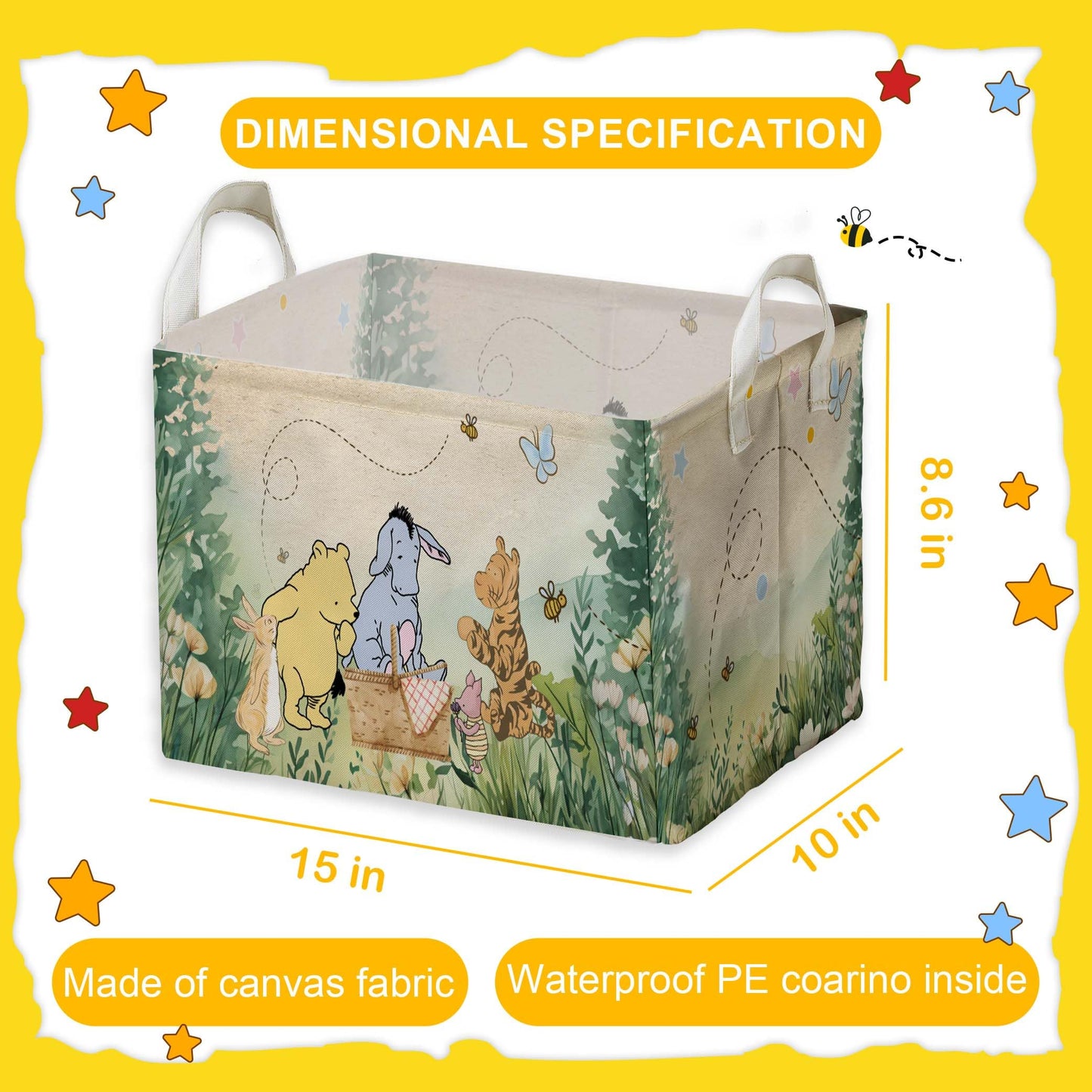 ZsaTuiy Winnie Nursery Decor, the Pooh Baby Stuff, Winnie Storage Nursery Basket, Large squarecanvas Laundry Hamper With A Waterproof PECoating, Foldable, Toys Bin, Baby Nursery HamperDecor, Classic