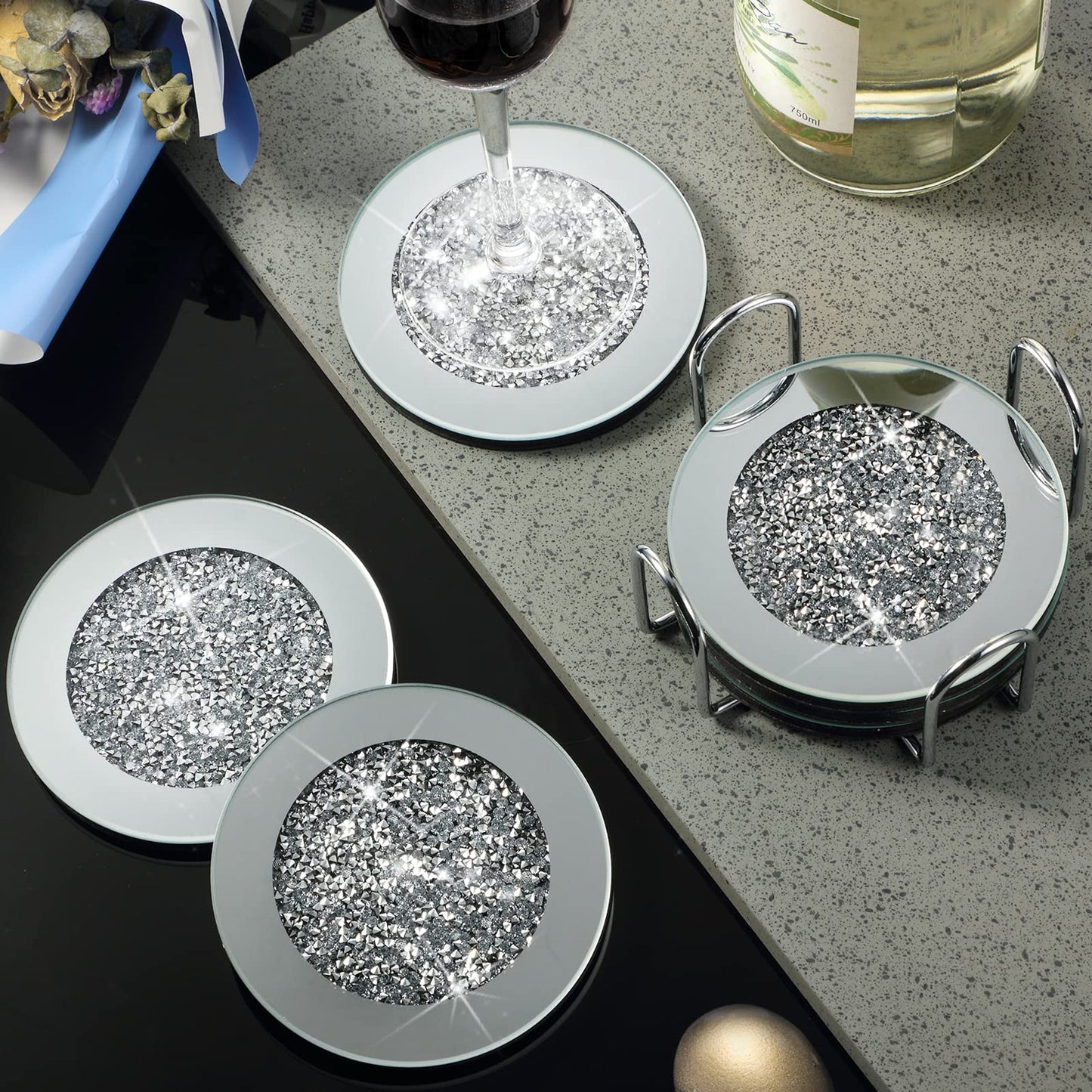 Jetec Mirrored Glass Coaster Set of 6 with 1 Holder 4" Crushed Diamond Round Cup Mat Glitter Crystal Rhinestone Glass Coaster Bling Table Decor for Bar Kitchen Gift for Christmas(Silver,4 Inch)