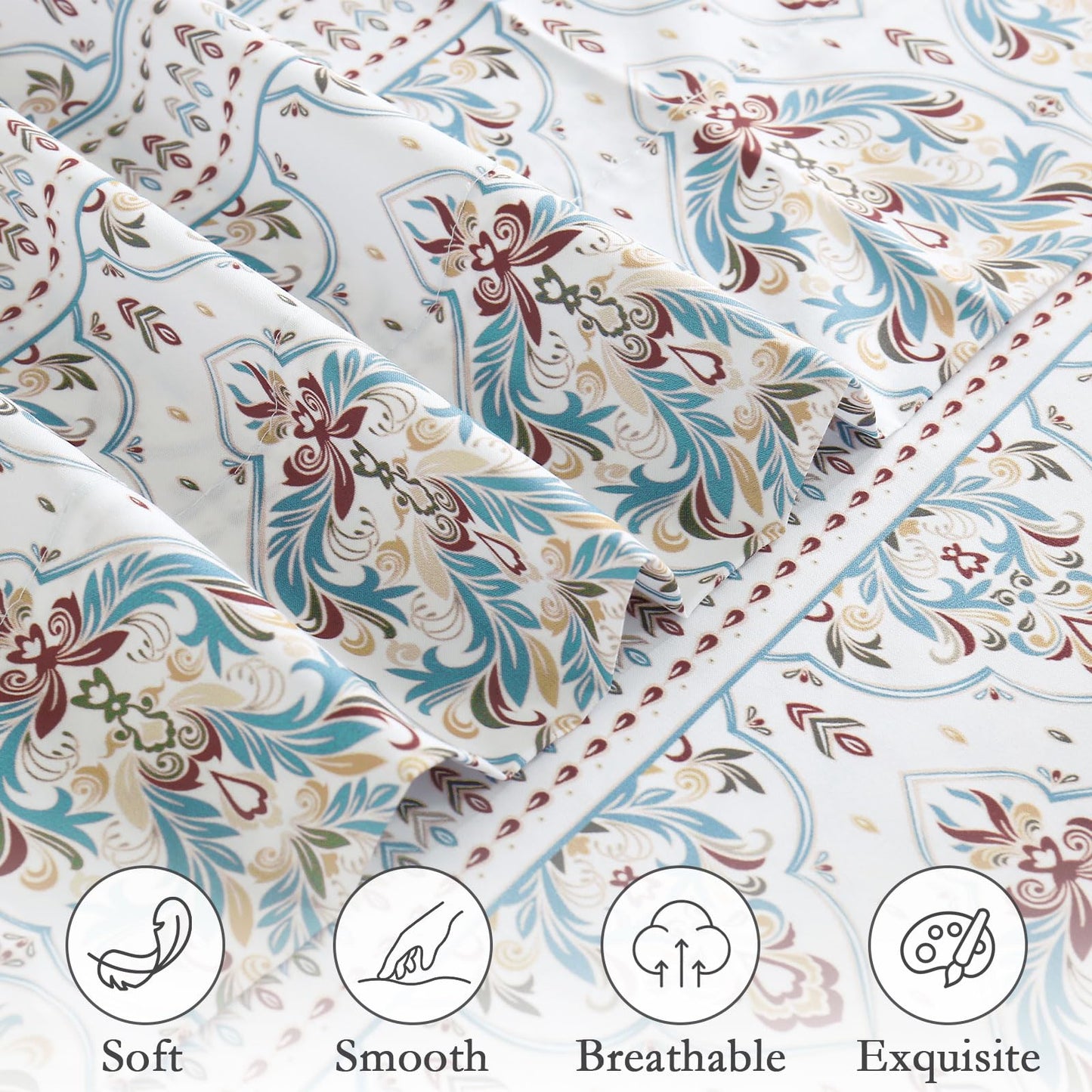 ChicView Queen Size Paisley Printed Sheet Set,4 Pieces Boho Style Breathable Soft Microfiber Bedsheets, Anti Pilling Deep Pockets Easy Care Bed Sheets, White Green