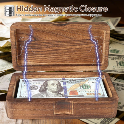 Mczxon Wooden Currency Money Cash Tray with Hinged Lid and Magnetic Closure, Vintage Single Compartment Cash Case Bank Organiser Storage Money Bill Currency Box Holder Container Moneyboxes