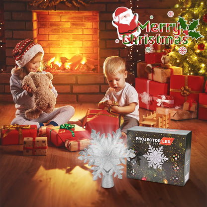 Christmas Tree Topper Lighted with 6 Projection Modes,Christmas Star Tree Topper Built-in LED Rotating Projector Lights 3D Christmas Tree Decorations for Xmas Party Holiday Decor(Silver Snowflake)