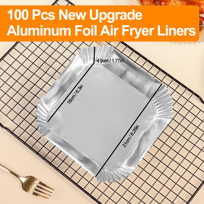 100 PCS Aluminum Foil Air Fryer Liners, Non-stick Air Fryer Disposable Paper Liner, Oil-proof Water-proof Sheets, Food Grade Aluminum Foil for Baking, Frying, Grilling, Roasting Microwave