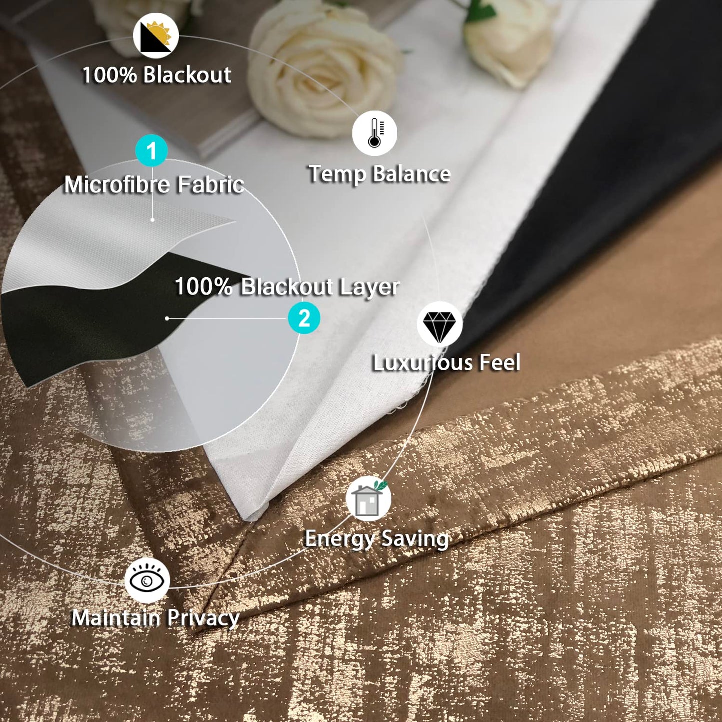 always4u 100% Blackout Soft Velvet Curtains for Bedroom Living Room Thermal Energy Saving 95 Inches Long Luxury Gold Foil Print Drapes 2 Panels Mocha