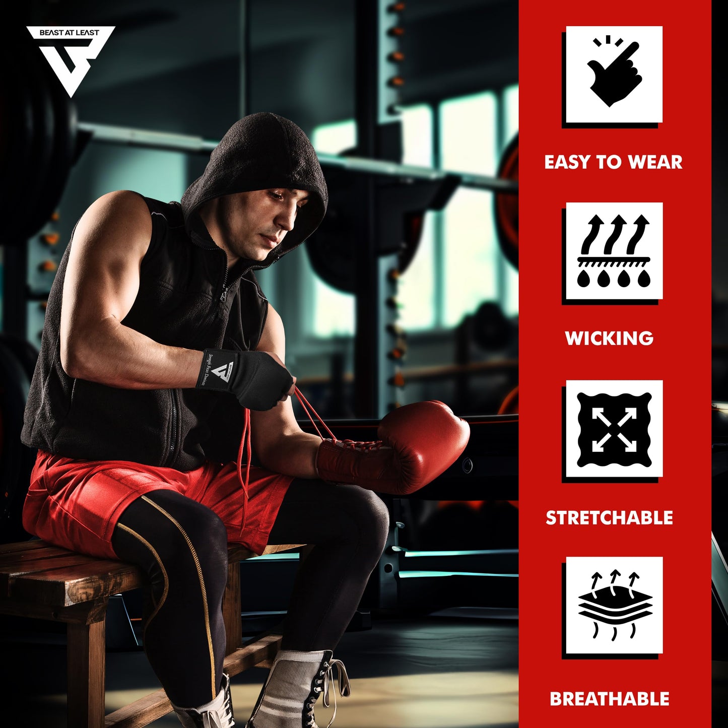 Gel Boxing Hand Wraps Inner Gloves for Men and Women, Quick 76cm Long Wrist Straps, Elasticated Padded Boxing Wraps for Muay Thai, MMA, Kickboxing, Martial Arts (Black, L/XL)