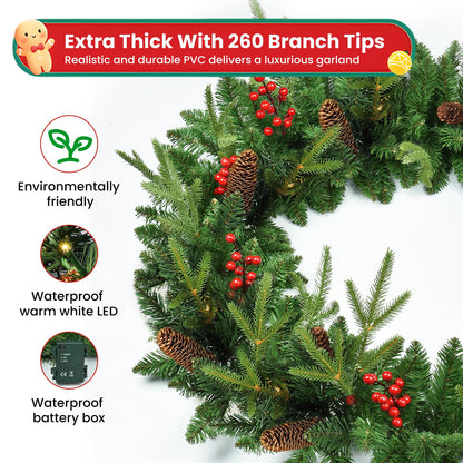 Christmas Garland, 9ft Pre-Lit Christmas Garland with Lights, Battery Operated with Pine Cones & Red Berries, Artificial Christmas Greenery for Mantle, Staircase, Doorway, Indoor Outdoor Decorations