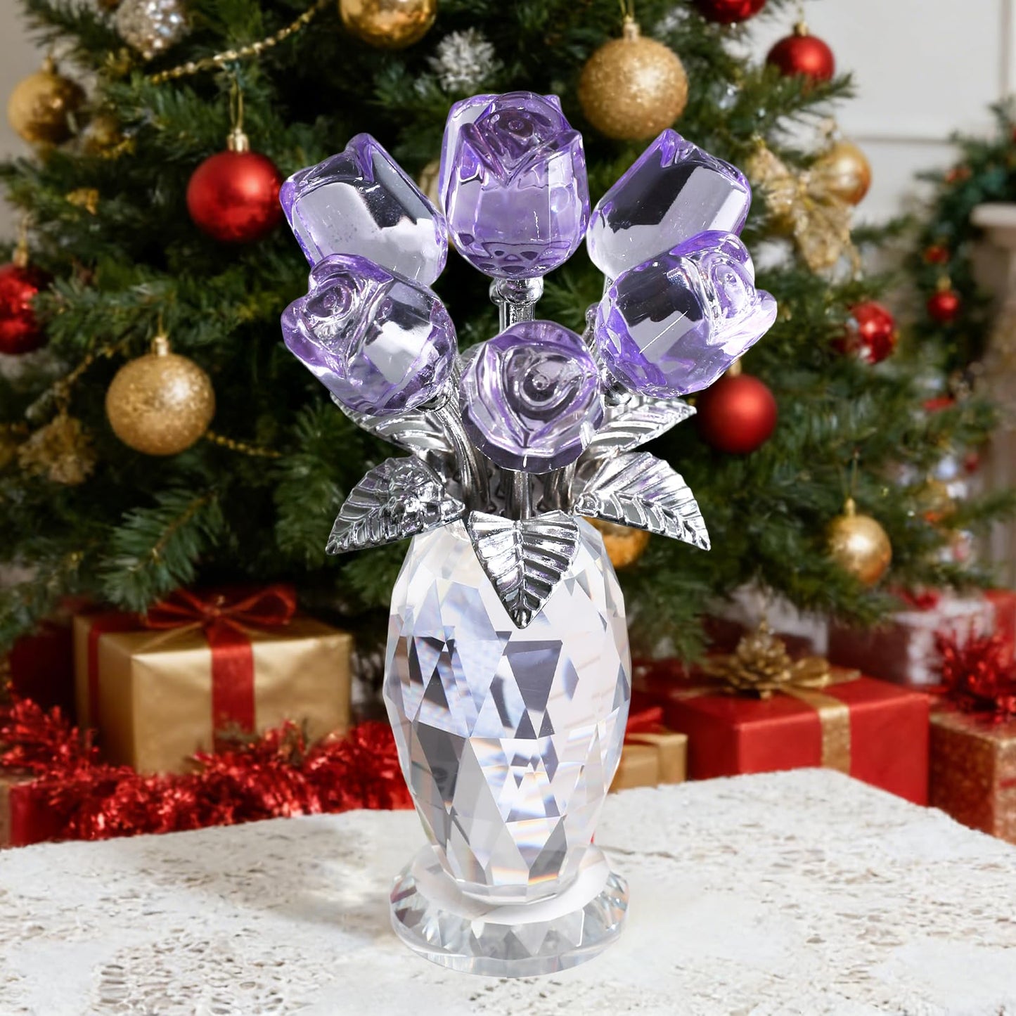 MysticGlitz Purple Crystal Rose Figurine in Faceted Vase - Hand-Polished 5.7" Glass Flower Statue Home Decor - Forever Rose Collectible for Mothers Day, Birthday, Wedding for Her