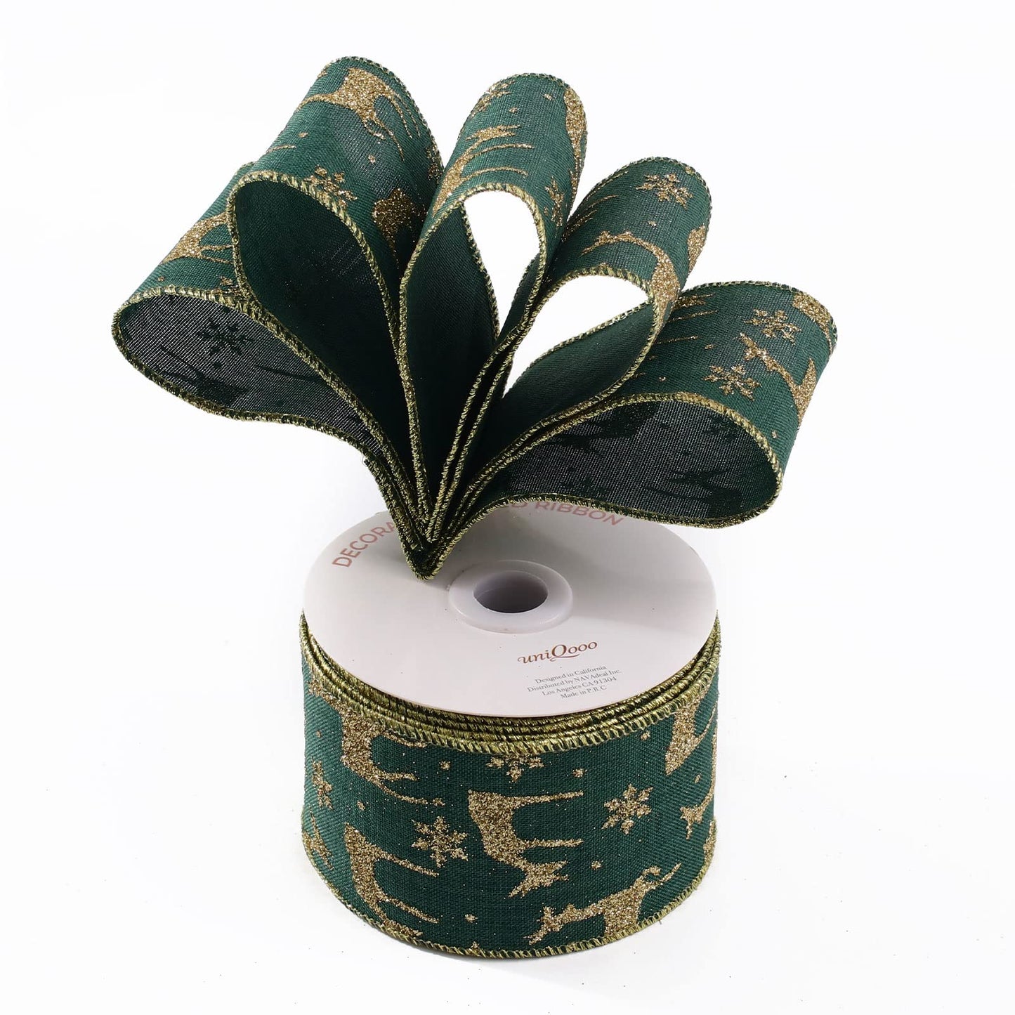 UNIQOOO 40 Yards 4 Rolls Seamless Green Christmas Wired Ribbon Set, 2.5 inch x 10yd. Satin Burlap Wired Edge Ribbon for Xmas Tree Décor, Gift Wrap Box, Bows, Wreath, Garland, Floral DIY Craft, Wedding