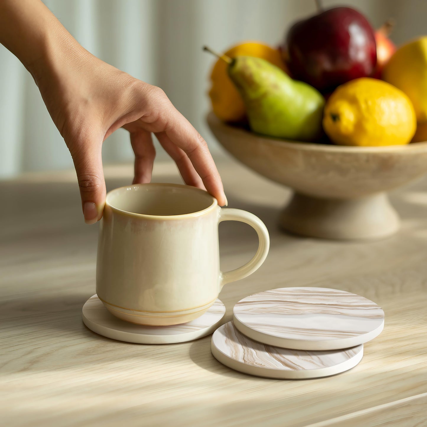 VEYRO Ceramic Coasters Set of 6 – Absorbent Stone Drink Coasters with Holder, Non-Slip Cork Backing, Modern Marble Look Coasters for Coffee Table, Desk & Home Decor
