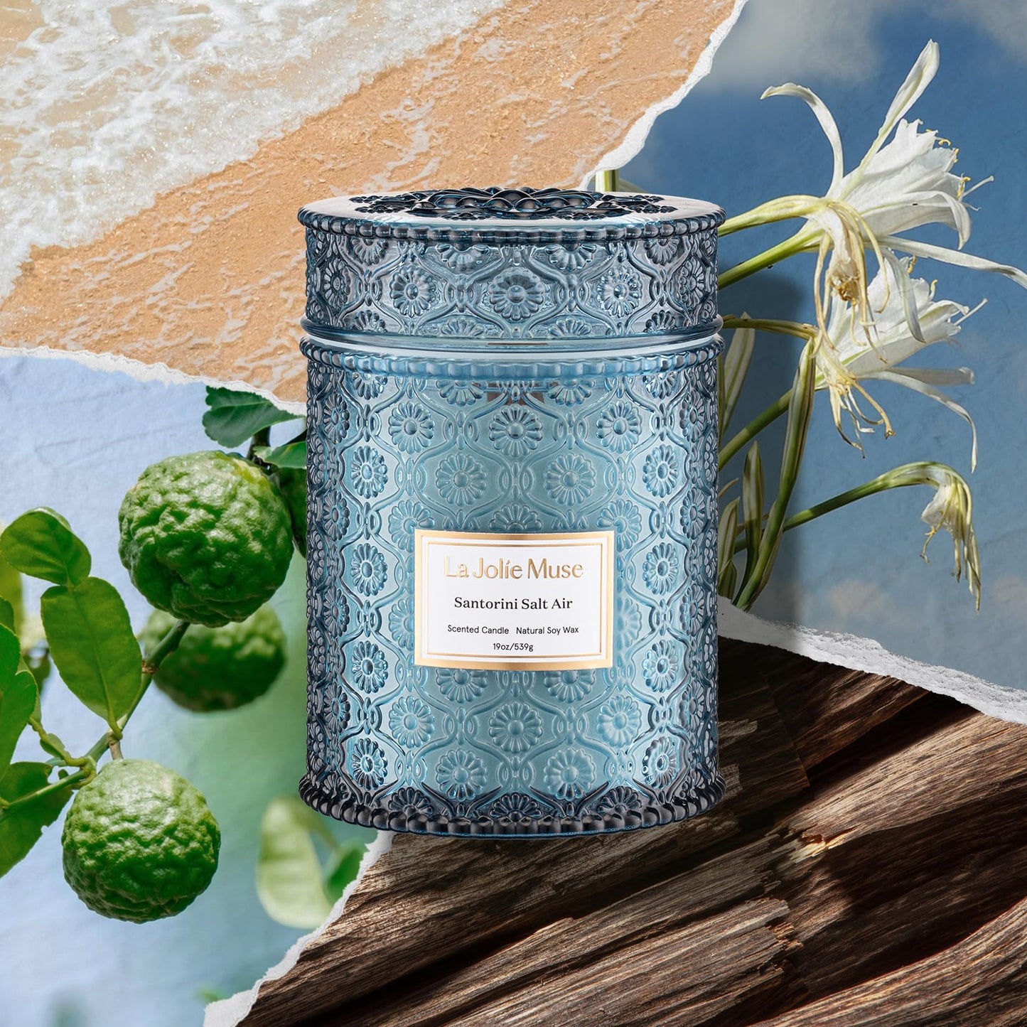 LA JOLIE MUSE Santorini Salt Air Scented Candle for Home | 19 oz Non Toxic Natural Soy | Large Blue Jar Candle | Summer Ocean Candle | Luxury Gifts for Women & Men | Wood Wick
