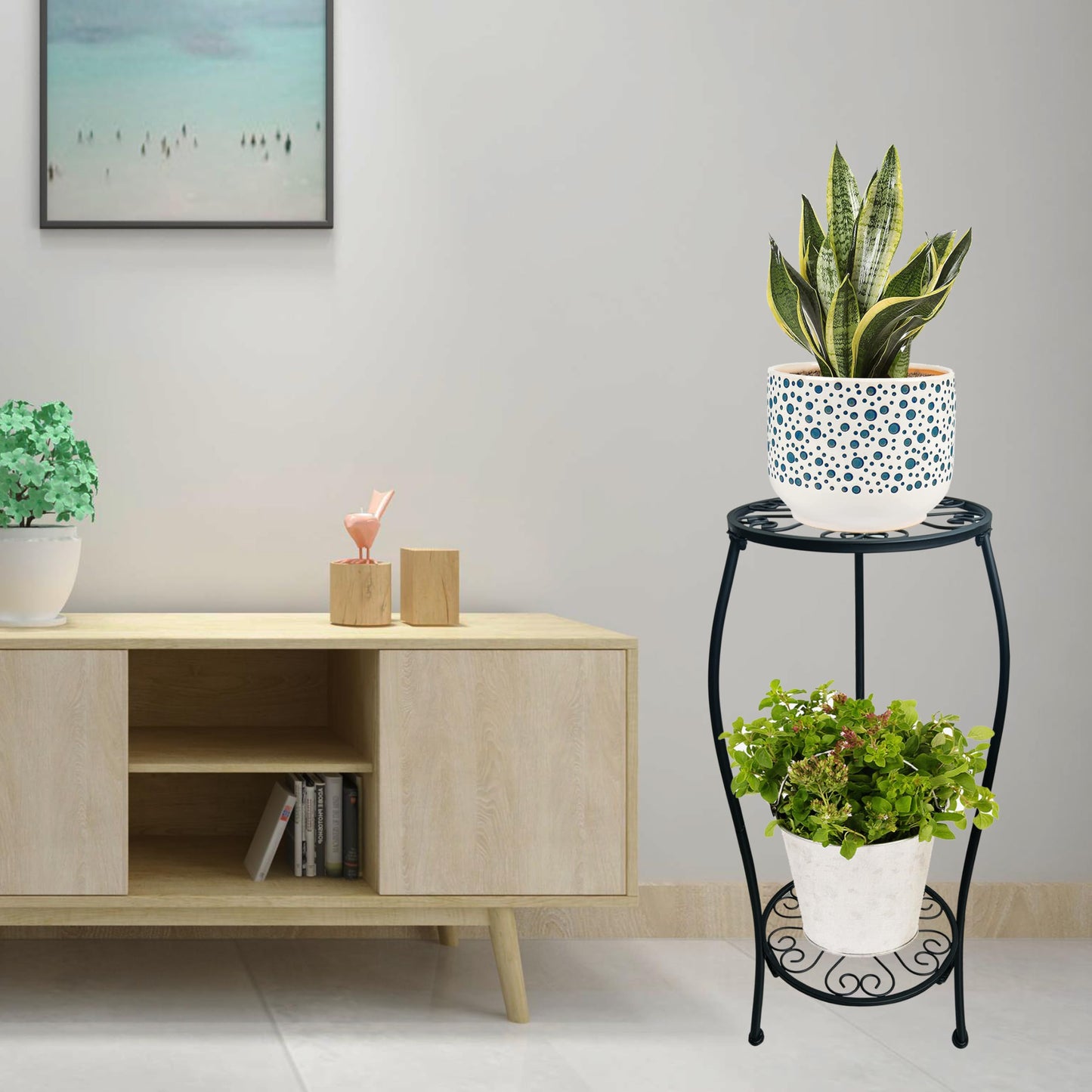 2 Pack 25.2 inch Metal Plant Stand Rack for Round Flower Pot, 2 Tier Potted Holder Indoor Outdoor Rustproof Wrought Iron Heavy Duty Planter Shelf for Corner Living Room Balcony Garden Patio, Black
