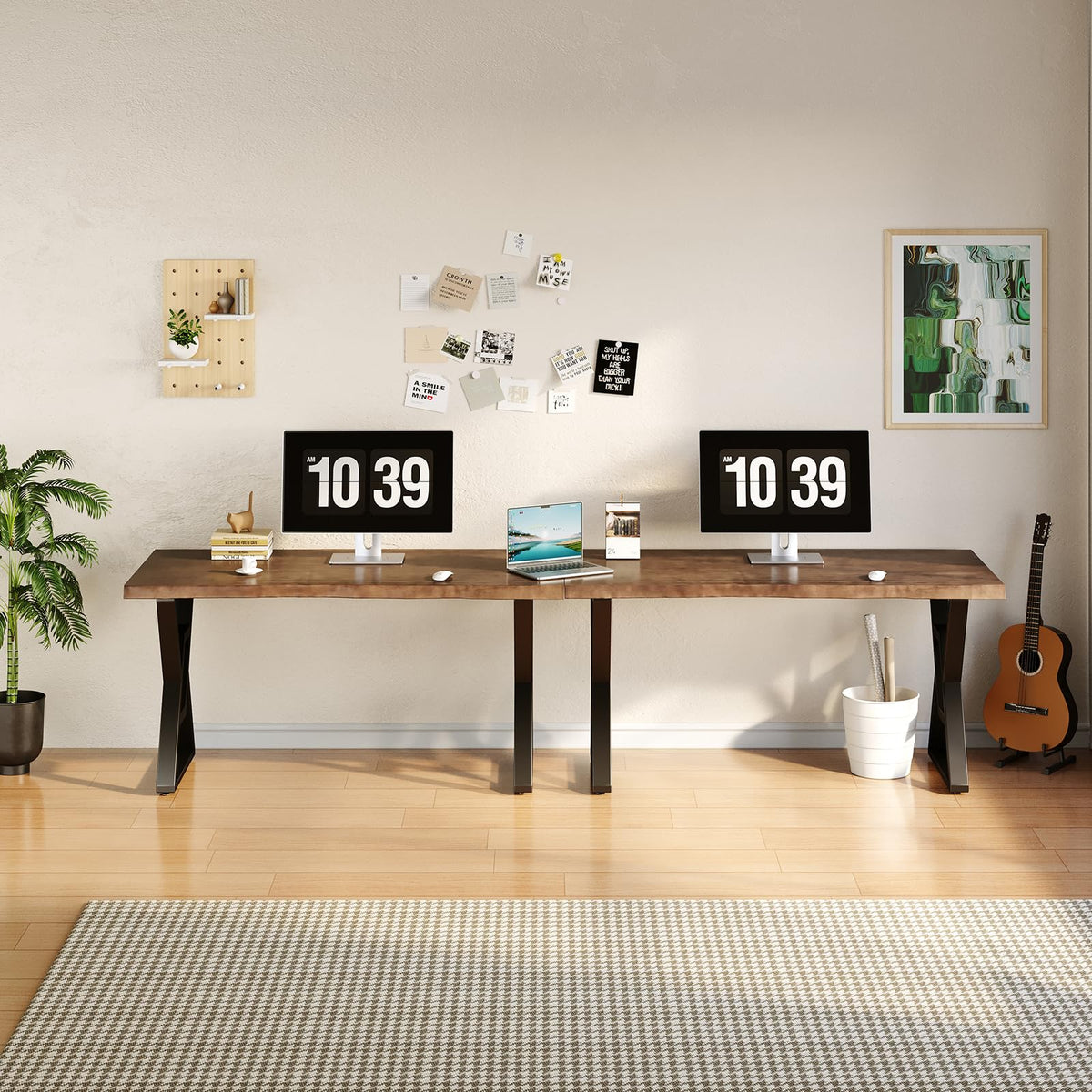 QZYJKJ 55 Inch Solid Wood Computer Desk, Rustic Brown Home Office Desk with Metal Frame, Large Writing Desk for Study, Gaming, Workstation & Dining Room, Modern Farmhouse Design
