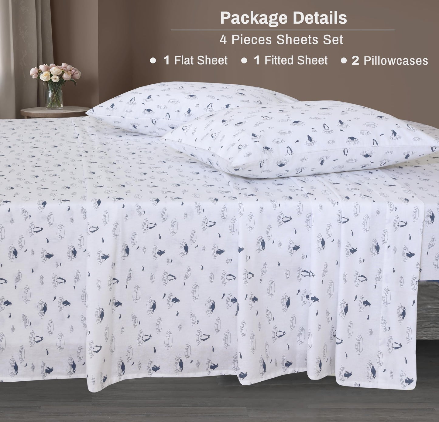 ZOYER Flannel Sheets Queen Size - 100% Cotton Double Brushed Bed Sheets, Deep Pockets 16 Inches Queen Sheet Set, All Seasons Breathable & Extra Soft - Warm & Cozy, 4 Piece, Penguin Edge