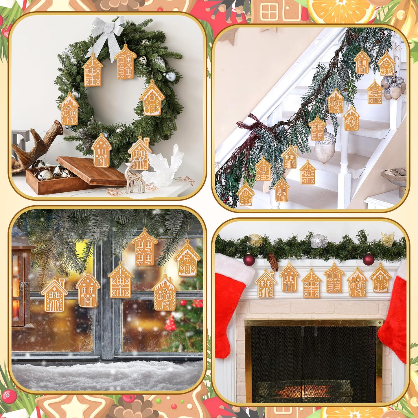 Shellwei 24 Pcs Gingerbread House Ornaments Christmas Tree Ornaments Bulk Gingerbread Christmas Tree Decorations Rustic Hanging Decor for Xmas Indoor Home