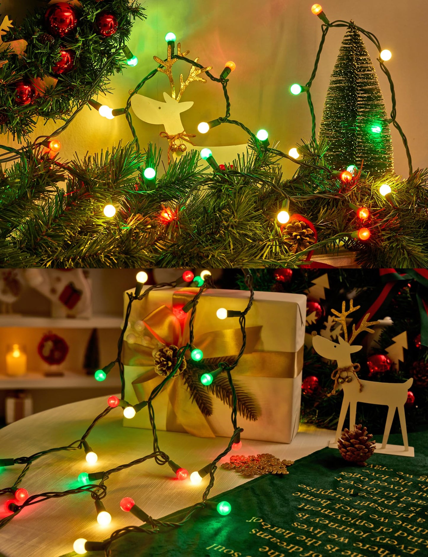 BOHON Christmas Lights Outdoor 24FT 70 LED G15 Red White and Green Globe String Lights Plug in with Pastel Bulb Green Wire for Indoor Patio Xmas Tree Garland Wreath Decor, Waterproof