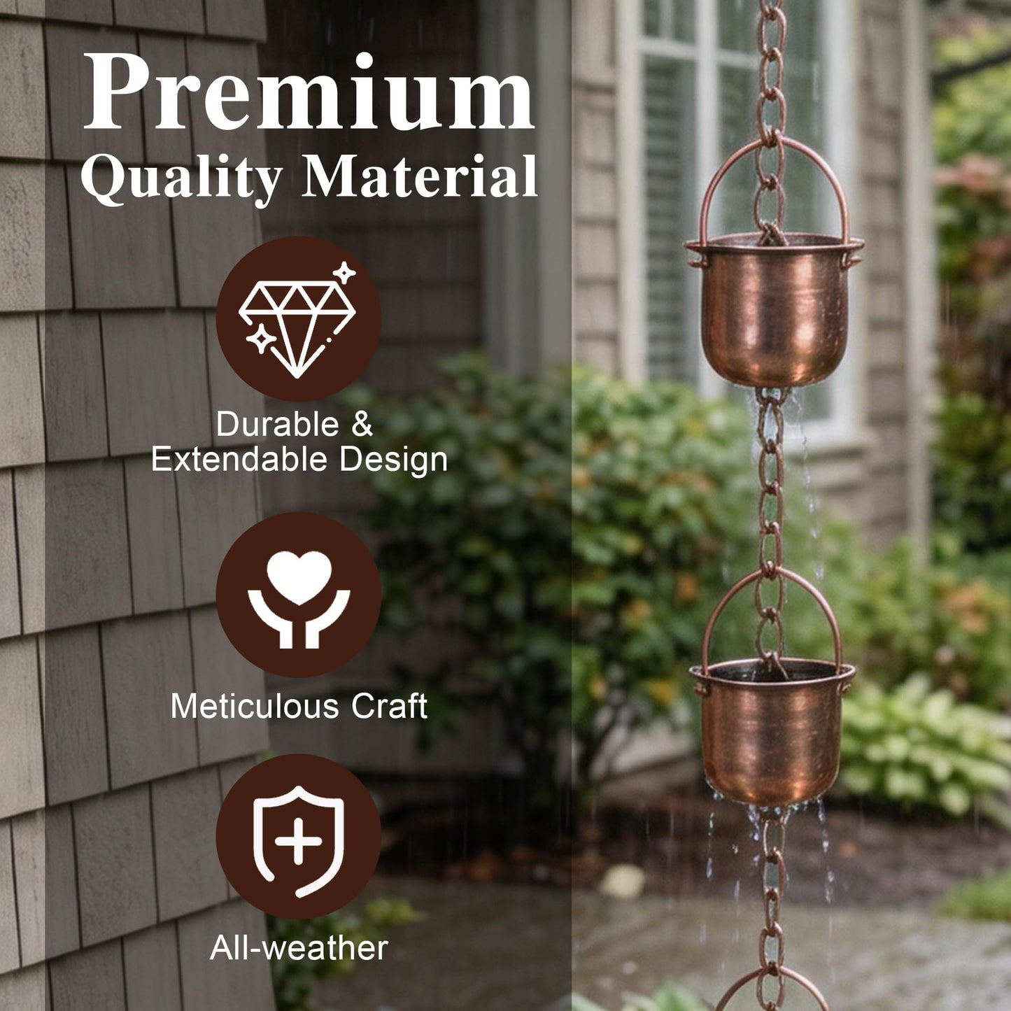 TZSSP 7.9FT Rain Chain for Gutters Downspouts, Heavy Duty Weatherproof Metal Rain Catcher, 11 Pot Cups Decorative Functional Outdoor Replacement