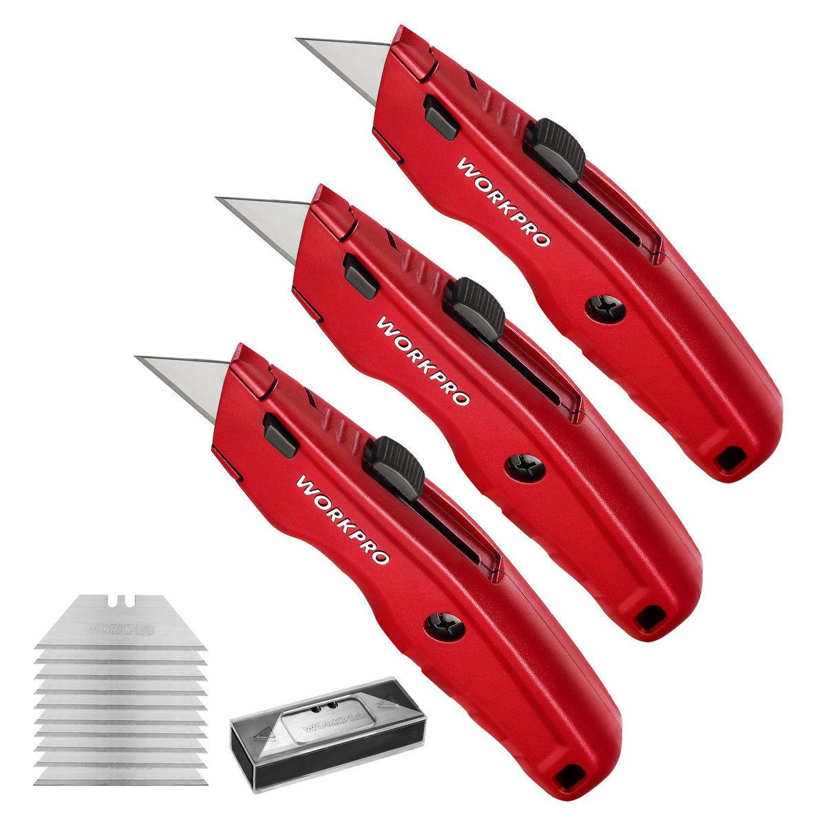 WORKPRO Premium Utility Knife, Retractable All Metal Heavy Duty Box Cutter, Quick Change Blade Razor Knife, 3PCS with 10 Extra Blades